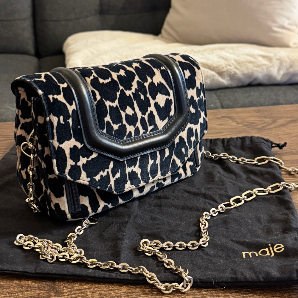 Maje Black and Cream Animal Print Crossbody Bag
